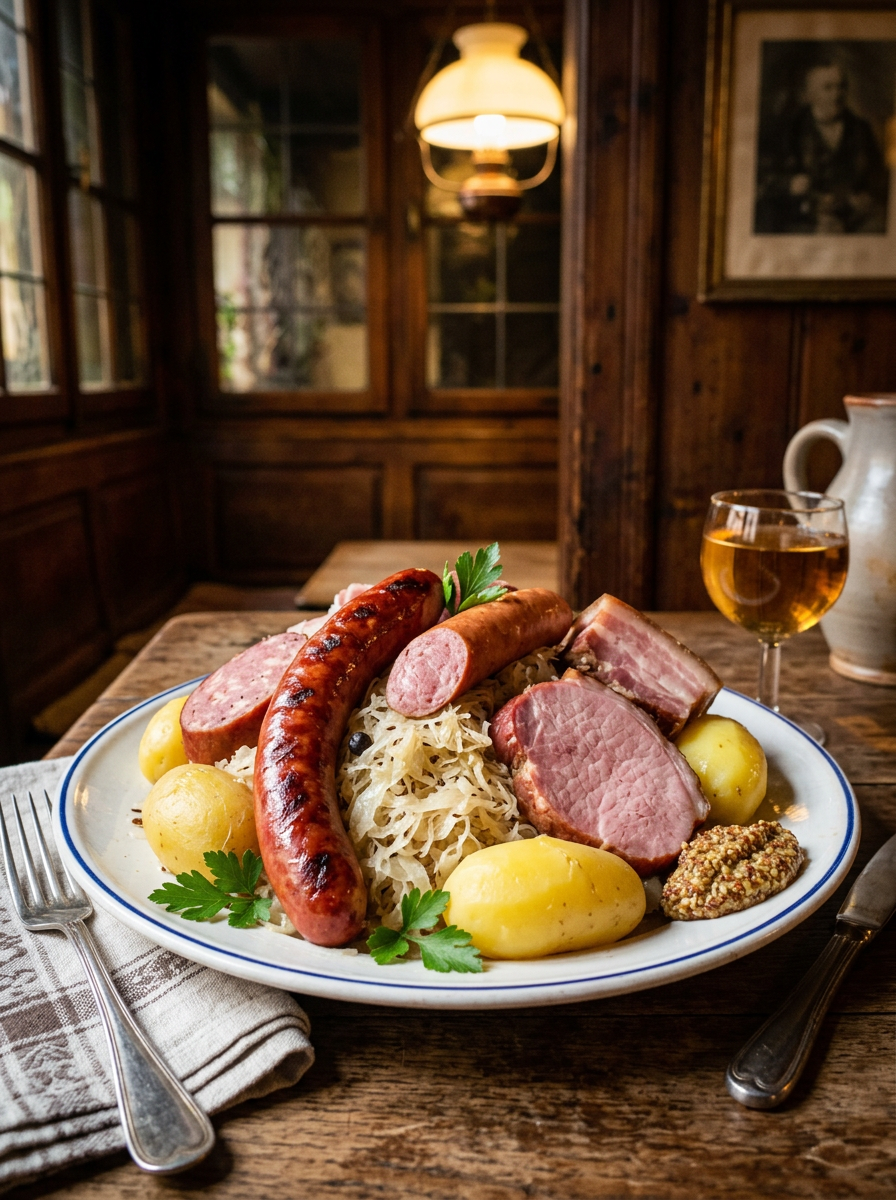 Generated picture of a plate of choucroute with sausages, pork and potatoes in a wood-panelled room.