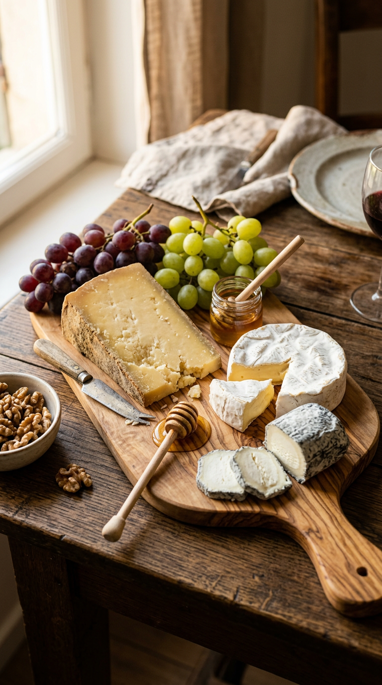 Generated picture of a wooden board with comté, camembert and goat cheese, grapes and honey.