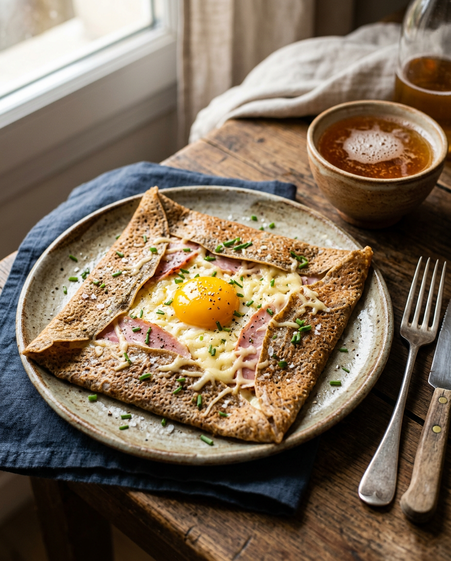 Generated picture of a buckwheat galette with a fried egg, ham and cheese next to a bowl of cider.