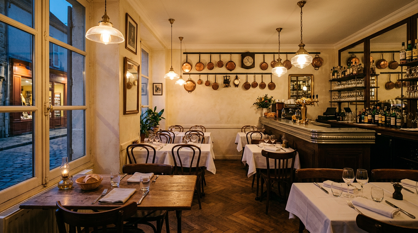 Generated picture of a small bistro dining room at dusk with copper pans on the wall and a zinc bar.