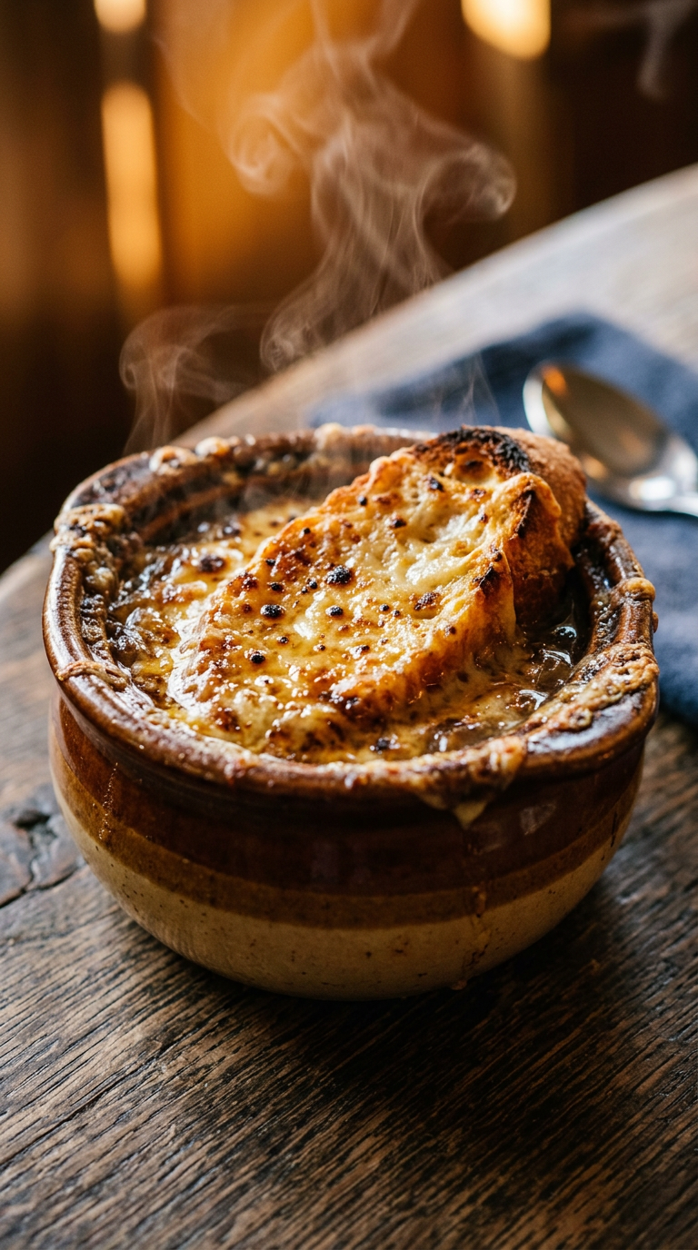 Generated picture of a steaming crock of French onion soup with browned cheese.