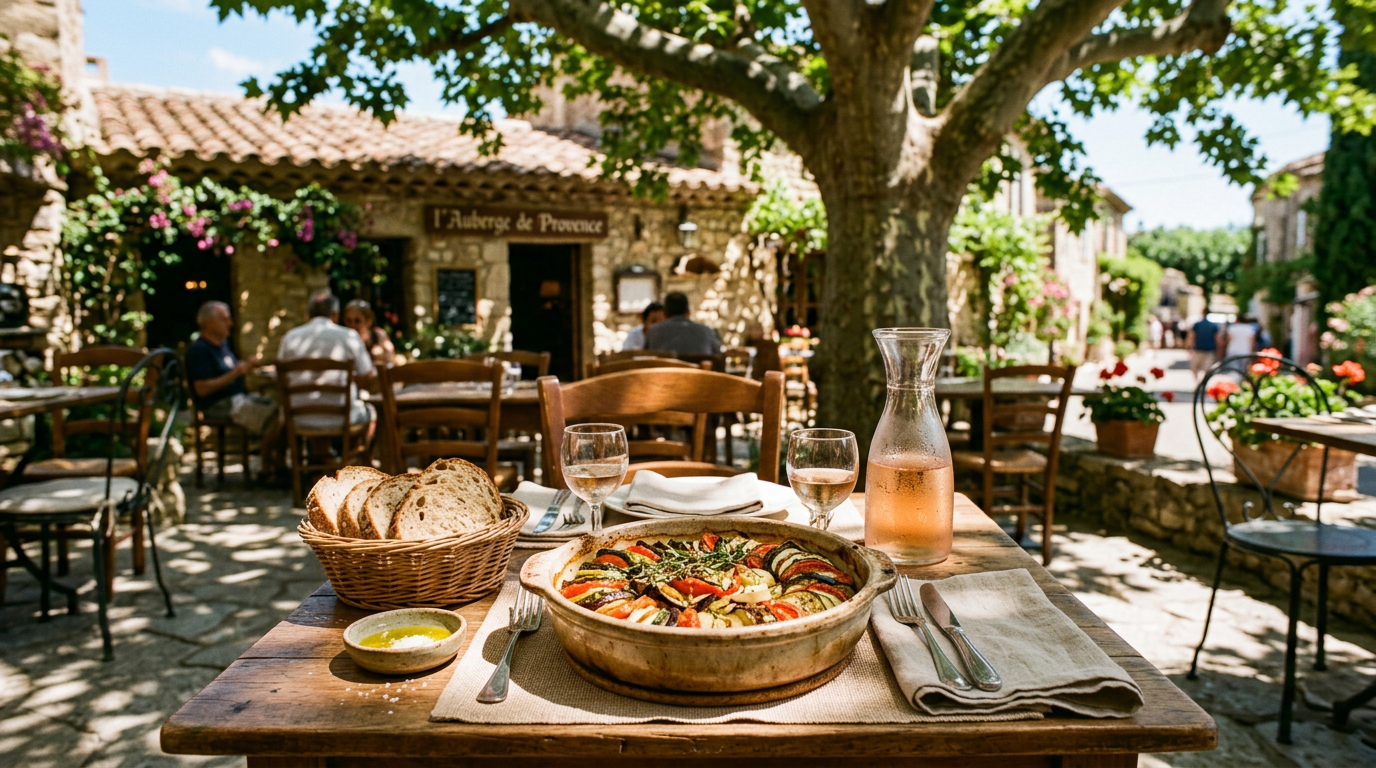 Generated picture of a sunlit terrace table under a plane tree with a ratatouille dish and a carafe of rosé.